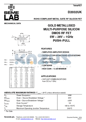 D2032UK datasheet - ROHS COMPLIANT METAL GATE RF SILICON FET