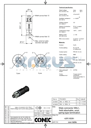 42K1A281 datasheet - Male connector M8x1, field attachable, axial, spring-type termination