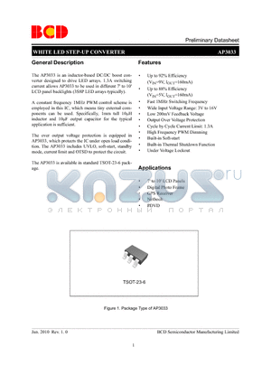 AP3033KTTR-G1 datasheet - WHITE LED STEP-UP CONVERTER