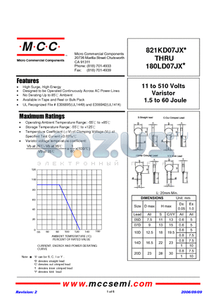 220KD07JX datasheet - 11 to 510 Volts 1.5 to 60 Joule