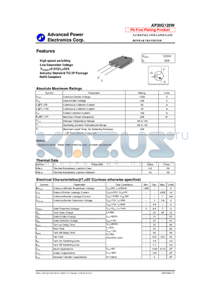 AP30G120W datasheet - N-CHANNEL INSULATED GATE BIPOLAR TRANSISTOR