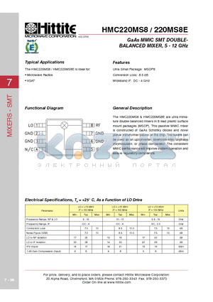 220MS8E datasheet - GaAs MMIC SMT DOUBLEBALANCED MIXER, 5 - 12 GHz