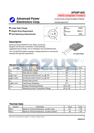 AP30P10GI datasheet - N-CHANNEL ENHANCEMENT MODE POWER MOSFET