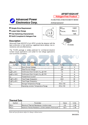 AP30T10GH-HF datasheet - N-CHANNEL ENHANCEMENT MODE POWER MOSFET