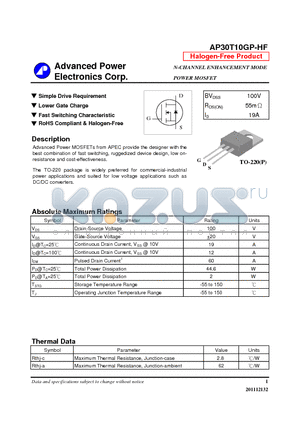 AP30T10GP-HF datasheet - N-CHANNEL ENHANCEMENT MODE POWER MOSFET