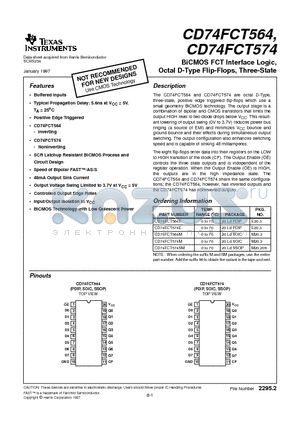 CD74FCT574 datasheet - BiCMOS FCT Interface Logic, Octal D-Type Flip-Flops, Three-State