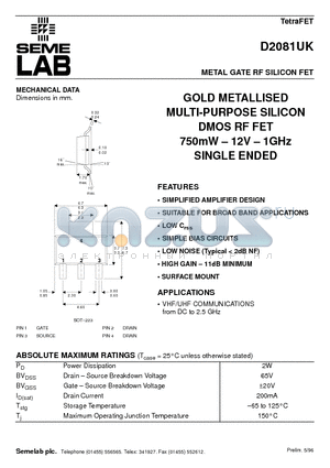 D2081UK datasheet - METAL GATE RF SILICON FET