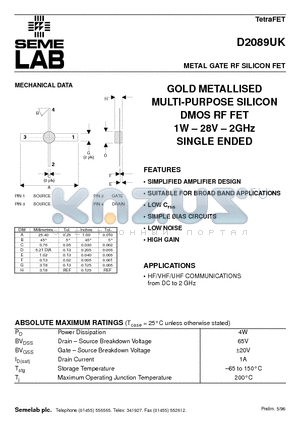 D2089 datasheet - METAL GATE RF SILICON FET