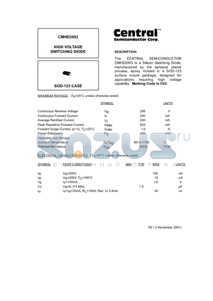 CMHD2003 datasheet - HIGH VOLTAGE SWITCHING DIODE