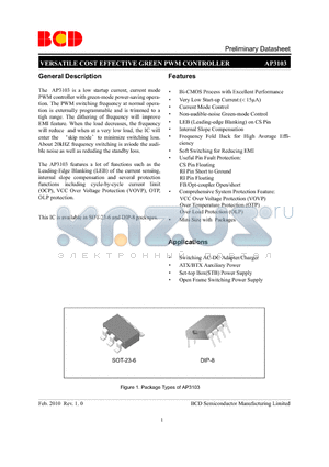 AP3103 datasheet - VERSATILE COST EFFECTIVE GREEN PWM CONTROLLER