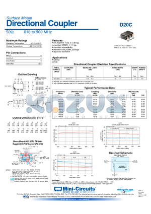 D20C datasheet - Directional Coupler 50Y 810 to 960 MHz