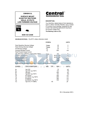 CMHSH5-2L datasheet - SURFACE MOUNT SCHOTTKY RECTIFIER 500mA, 20 VOLTS LOW FORWARD VOLTAGE