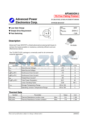 AP3403GH datasheet - P-CHANNEL ENHANCEMENT MODE POWER MOSFET