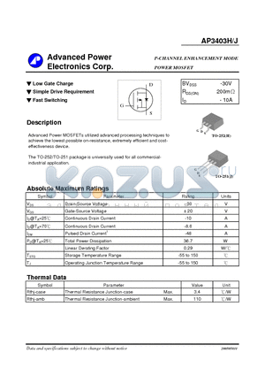 AP3403J datasheet - P-CHANNEL ENHANCEMENT MODE