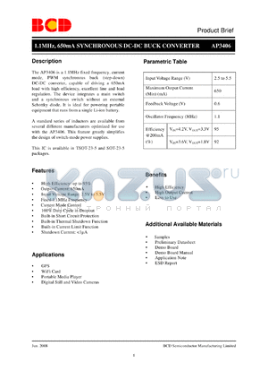 AP3406 datasheet - 1.1MHz, 650mA SYNCHRONOUS DC-DC BUCK CONVERTER