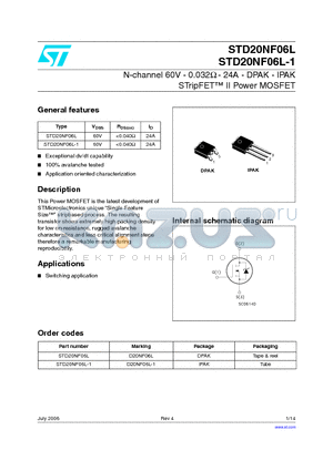 D20NF06L datasheet - N-channel 60V - 0.032OHM - 24A - DPAK - IPAK STripFET II Power MOSFET