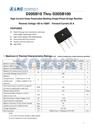 D20SB100 datasheet - High Current Glass Passivated Molding Single-Phase Bridge Rectifier