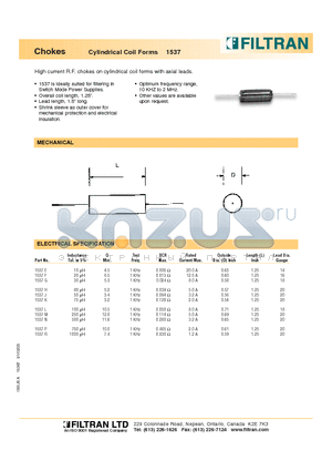 1537J datasheet - Chokes Cylindrical Coil Forms