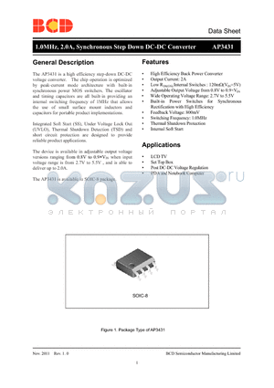 AP3431M-G1 datasheet - 1.0MHz, 2.0A, Synchronous Step Down DC-DC Converter