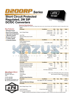 D214RP datasheet - Short Circuit Protected Regulated, 2W SIP DC/DC Converters