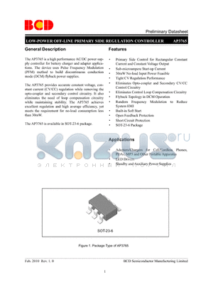 AP3765 datasheet - LOW-POWER OFF-LINE PRIMARY SIDE REGULATION CONTROLLER