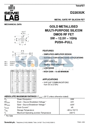 D2203 datasheet - METAL GATE RF SILICON FET
