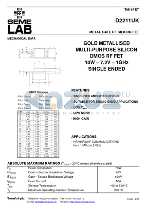 D2211 datasheet - METAL GATE RF SILICON FET