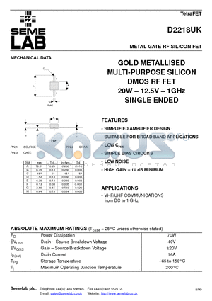 D2218UK datasheet - METAL GATE RF SILICON FET