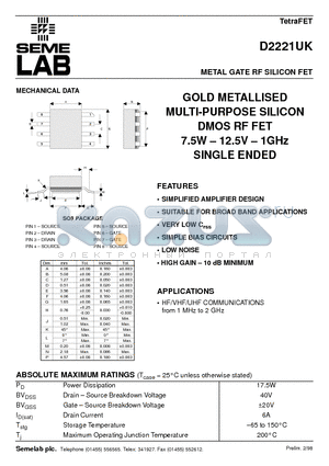 D2221UK datasheet - METAL GATE RF SILICON FET