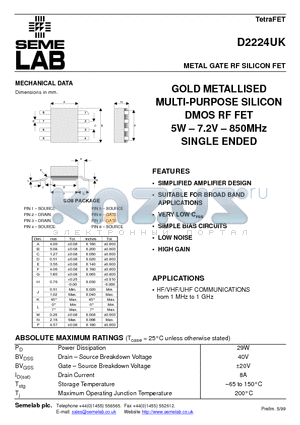 D2224UK datasheet - METAL GATE RF SILICON FET