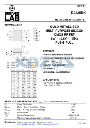 D2225 datasheet - METAL GATE RF SILICON FET