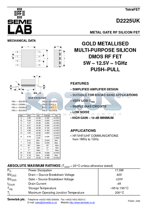 D2225UK datasheet - METAL GATE RF SILICON FET