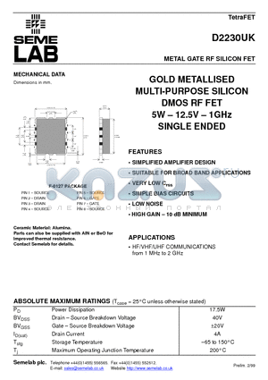 D2230 datasheet - METAL GATE RF SILICON FET