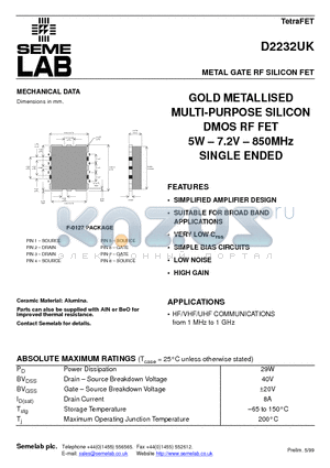 D2232UK datasheet - METAL GATE RF SILICON FET