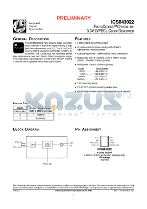 3022A datasheet - FEMTOCLOCKS-TM CRYSTAL-TO- 3.3V LVPECL CLOCK GENERATOR