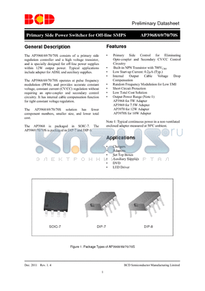 AP3969P-G1 datasheet - Primary Side Power Switcher for Off-line SMPS Low Total Cost Solution