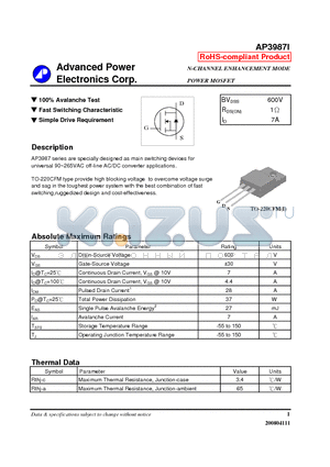 AP3987I datasheet - N-CHANNEL ENHANCEMENT MODE POWER MOSFET