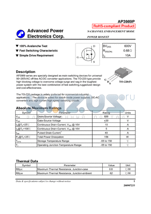 AP3989P datasheet - N-CHANNEL ENHANCEMENT MODE POWER MOSFET