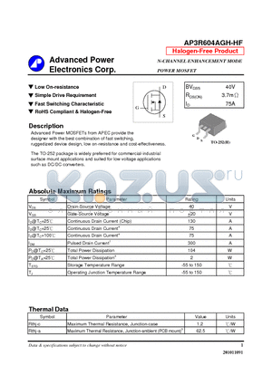 AP3R604AGH-HF datasheet - Low On-resistance, Simple Drive Requirement, Fast Switching Characteristic