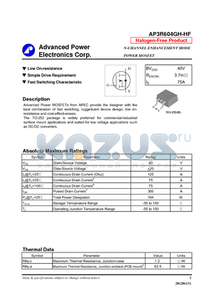 AP3R604GH-HF datasheet - Low On-resistance, Simple Drive Requirement, Fast Switching Characteristic