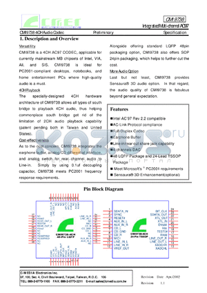 CMI9738 datasheet - Integrated Multi-channel AC97