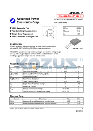 AP4002I-HF datasheet - N-CHANNEL ENHANCEMENT MODE POWER MOSFET