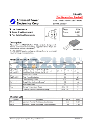 AP4085I datasheet - N-CHANNEL ENHANCEMENT MODE POWER MOSFET