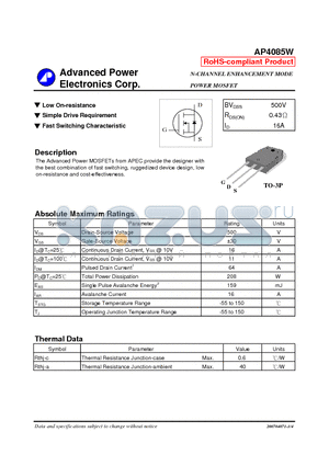 AP4085W datasheet - N-CHANNEL ENHANCEMENT MODE POWER MOSFET