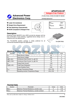 AP40P03GI-HF datasheet - Lower On-resistance, Simple Drive Requirement