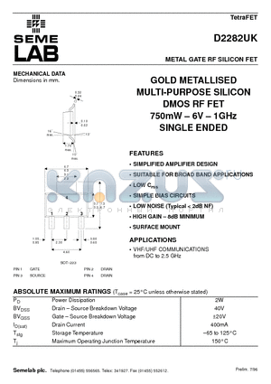 D2282UK datasheet - METAL GATE RF SILICON FET