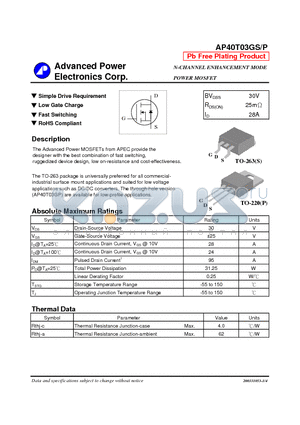 AP40T03GS datasheet - N-CHANNEL ENHANCEMENT MODE POWER MOSFET