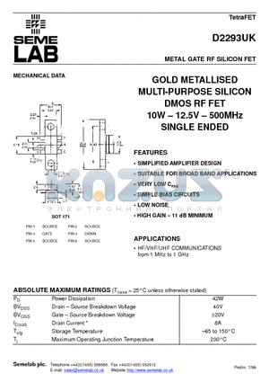 D2293 datasheet - METAL GATE RF SILICON FET