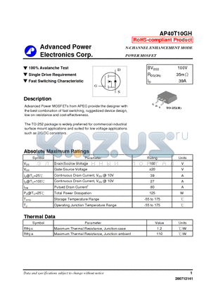 AP40T10GH datasheet - N-CHANNEL ENHANCEMENT MODE POWER MOSFET