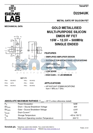 D2294UK datasheet - METAL GATE RF SILICON FET